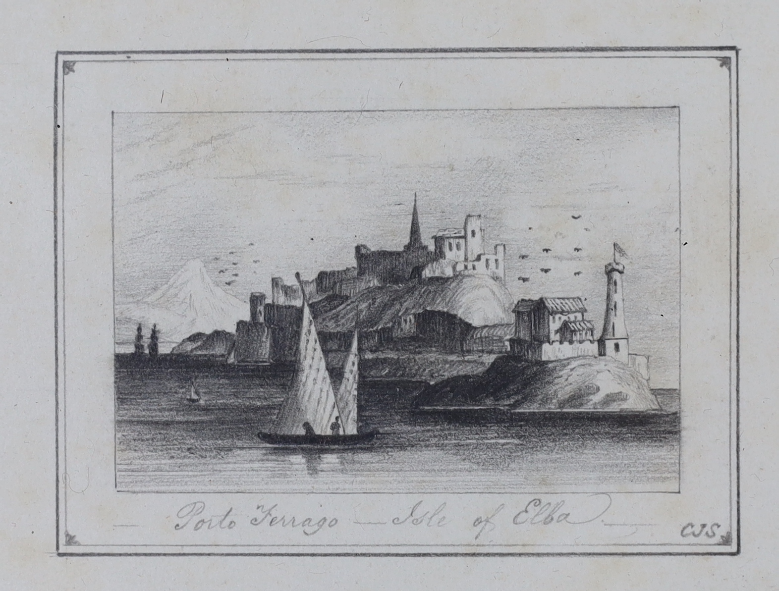 C.J.S. 1841, two pencil vignettes of Upnore Castle and Porto Ferrago, initialled, one dated, 6 x 9 cm and 4.5 x 5.5cm